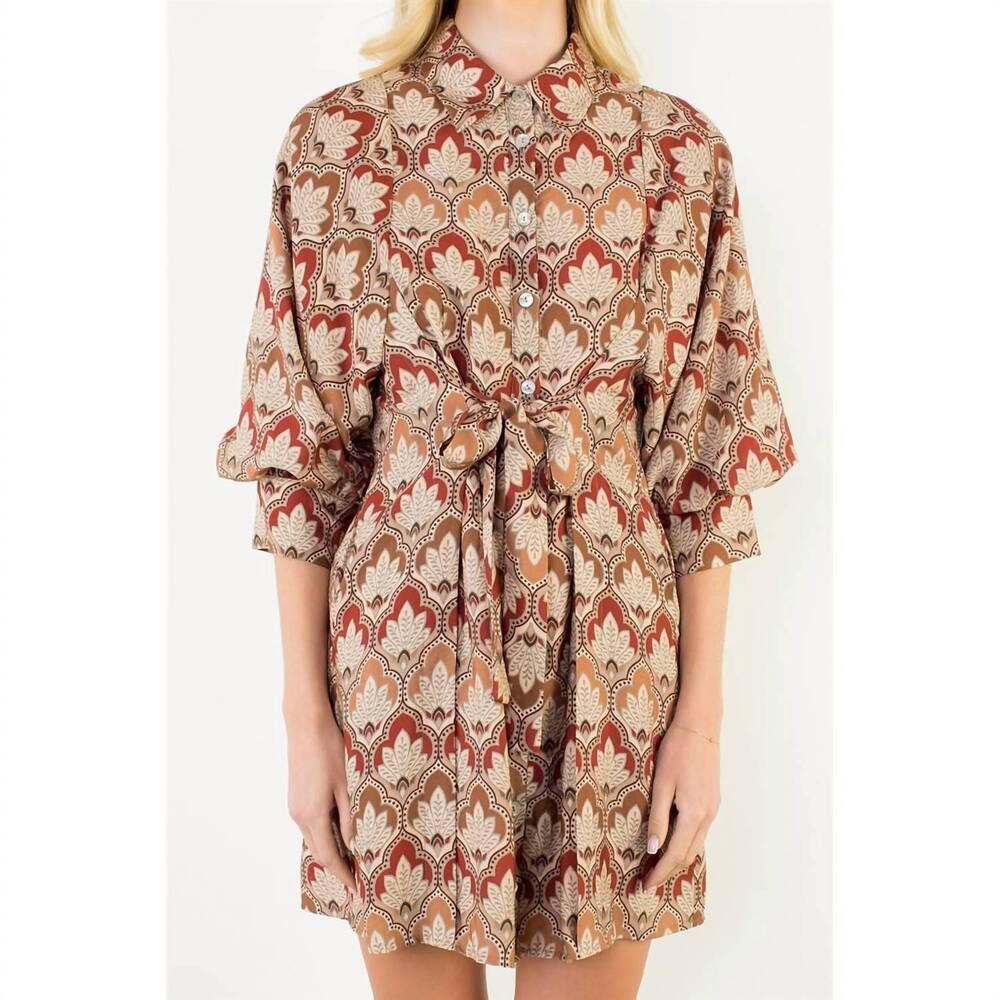 NEW THML long sleeve tie waist dress in brown